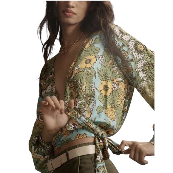 Anthropologie TINY Floral Paisley Wrap Top Size SMALL V Neck Puff Sleeves Blouse - Picture 1 of 13